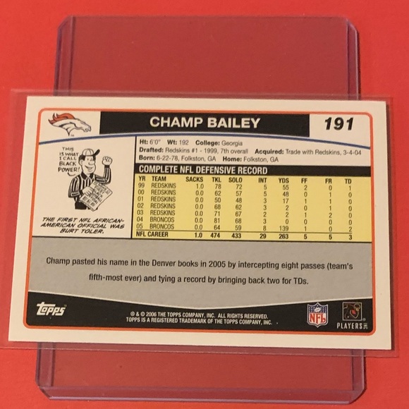 Champ Bailey #191 2006 Topps Football Trading Card - Picture 2 of 2